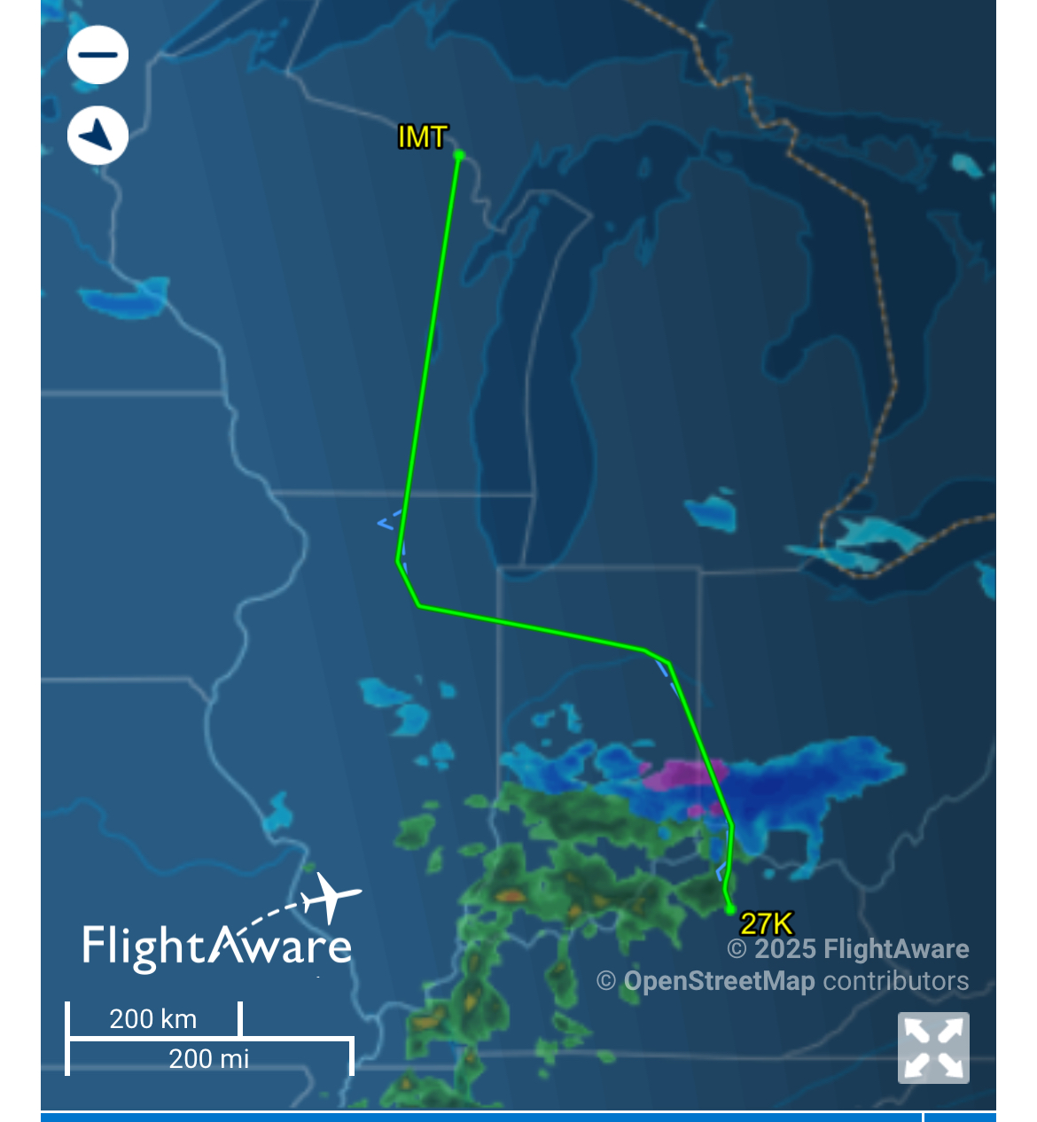 Flight Aware showing flight part deviation for 3 digit headwinds over Lake Michigan.   Picture was taken a day later so weather depicted was 24 hours after our flight.  We flew in severe clear until reaching the Chicago area.